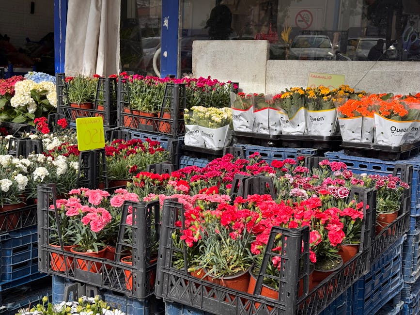 An outdoor display of potted flowering plants arranged in black plastic crates at a florist shop. The arrangements include pink, white, red, orange, and yellow flowers, with some clusters of small blo