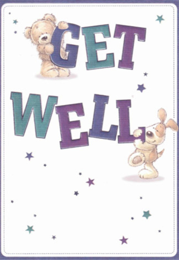 This charming get well card, as uplifting as a stroll through Gospel Oak on a hopeful morning, illustrates gentle encouragement with every hand-drawn line. Two friendly companions-a lovable teddy bear and a spirited pup with long ears-frolic joyfully among towering, colourful letters that boldly declare 'Get Well.' The bear's soft, textured fur and the puppy's velvet ears practically invite touch, conjuring the soothing feeling of a freshly gathered bouquet prepared by Gospel Oak florists for someone on the mend. Overhead, lively star-shaped bursts in jewel tones of indigo, teal, and violet seem to sprinkle well-wishes down like confetti onto the calm, creamy-white background. The confident, oversized typography grounds the composition, its purples and aquas echoing the vibrant shades of spring flowers often seen at local markets along Southampton Road. There is an unmistakeable sense of care and celebration in how these elements come together-an innocence and optimism that brighten the spirit. I imagine sending this heartfelt card along with a delivery from Florist Gospel Oak, knowing it conveys not only uplifting words but the loving craftsmanship and positivity our shop brings to every thoughtful gesture. This is a card that radiates kindness, reassurance, and the promise of brighter days ahead in our close-knit North London community.