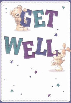 This evocative get well card radiates the gentle care and quiet optimism you'd find in Gospel Oak's local floristry. A cuddly teddy bear, with plush chocolate-brown fur and a heart-shaped nose, perches on the bold, brushstroke letters spelling 'GET,' while a floppy-eared puppy-full of mischief and hope-nuzzles affectionately against the word 'WELL' below. Their rounded shapes and soft, smiling faces conjure the promise of comfort, as if inviting you to reach out and share in their good cheer. Strewn about are starbursts in a constellation of rich purples and airy teals, their shimmering forms symbolising little wishes drifting through the air, much like the thoughtful arrangements crafted daily in Gospel Oak's flower shops. The clean, luminous white background offers clarity and breathing space; every hue stands out confidently, encouraging recovery and lightness of heart. As a local florist who designs with the neighbourhood's vibrant spirit in mind, I see echoes of a compassion bouquet-with each detail, from the playful animals to the sparkling stars, chosen to brighten the moment and nurture healing. Whether sent from Mansfield Road or a quiet corner near Gospel Oak station, this card delivers more than a message; it extends a sensory embrace-warm, light-filled, and designed to restore hope.